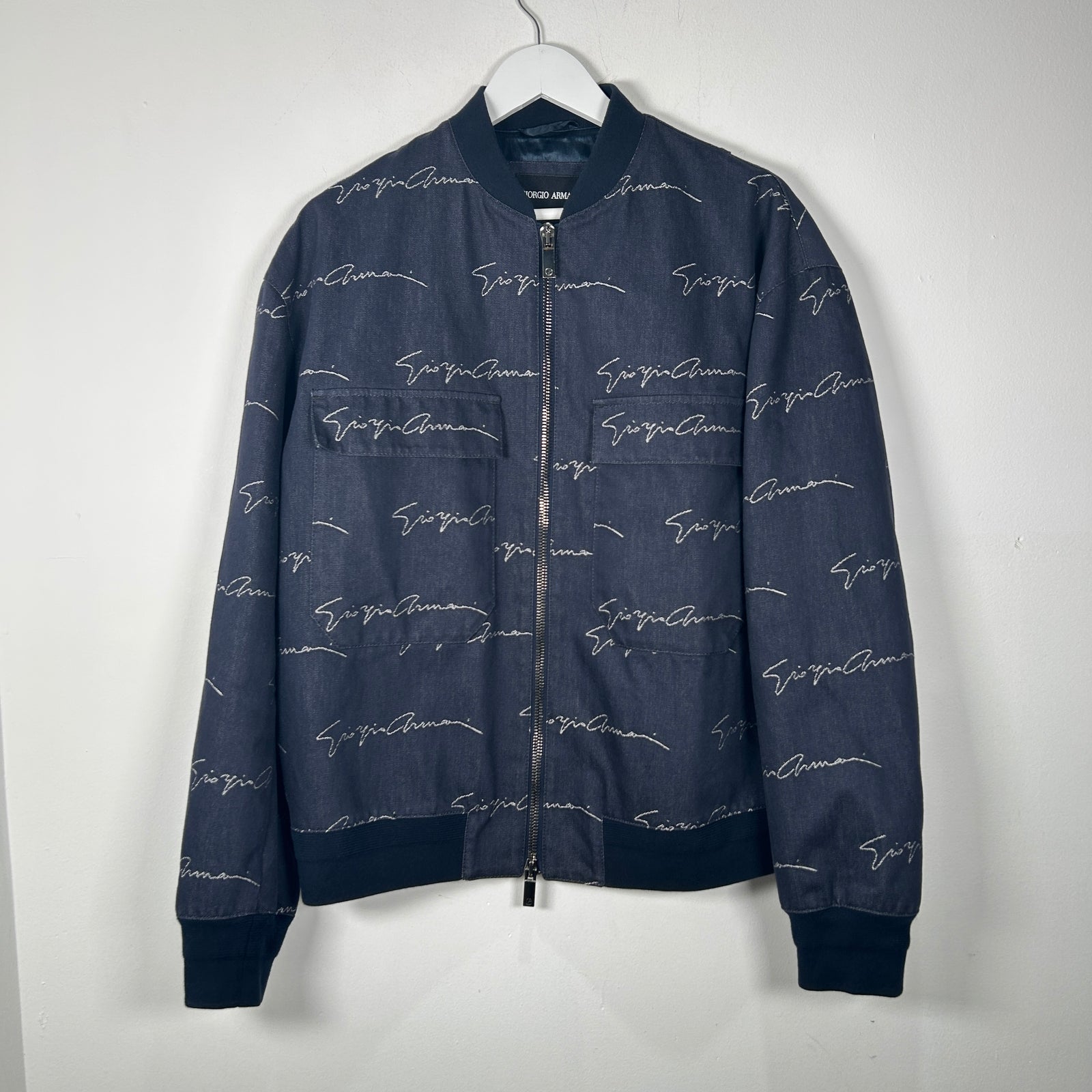 Giorgio Armani Navy All Over Logo Bomber Jacket Size 50