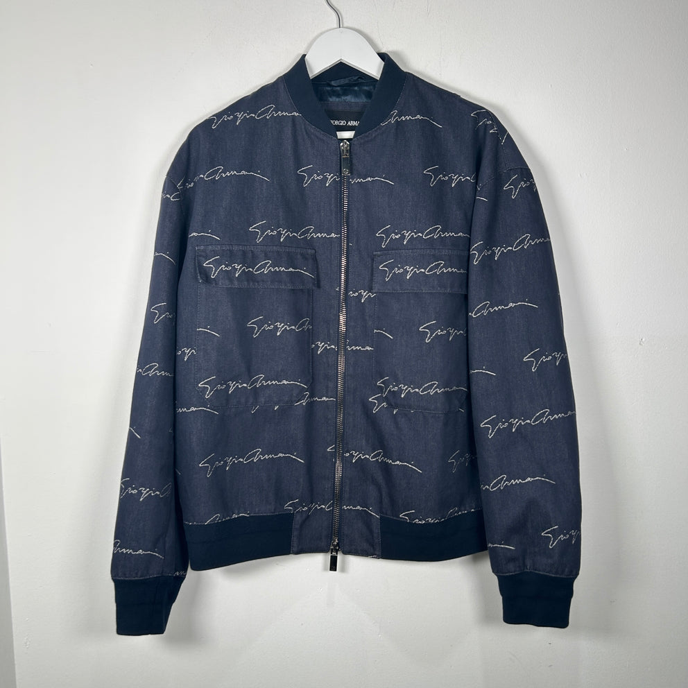 Giorgio Armani Navy All Over Logo Bomber Jacket Size 50