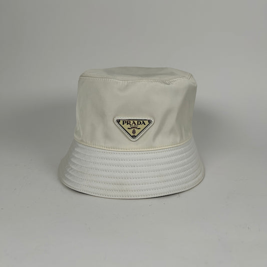 Prada White Nylon Logo Bucket Hat Size M