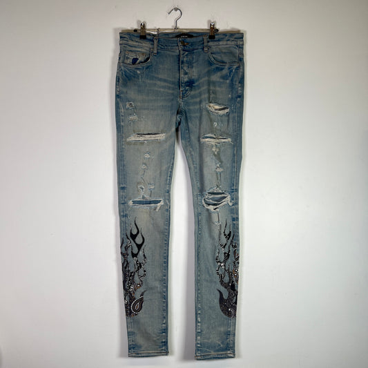 Amiri Clay Indigo Bandana Flame Jeans Size 32