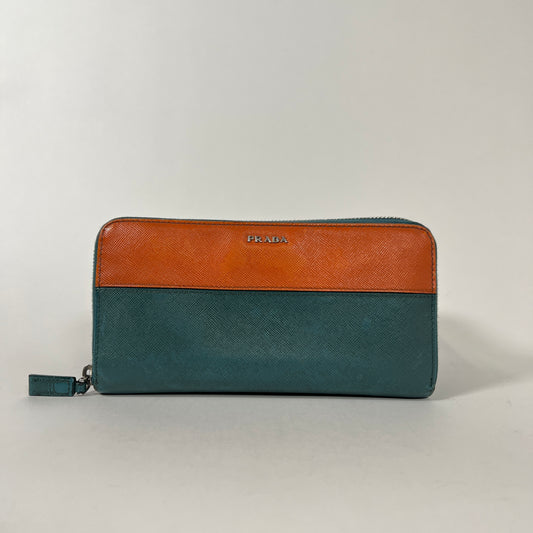 Prada Orange/Teal Leather Zip Around Wallet