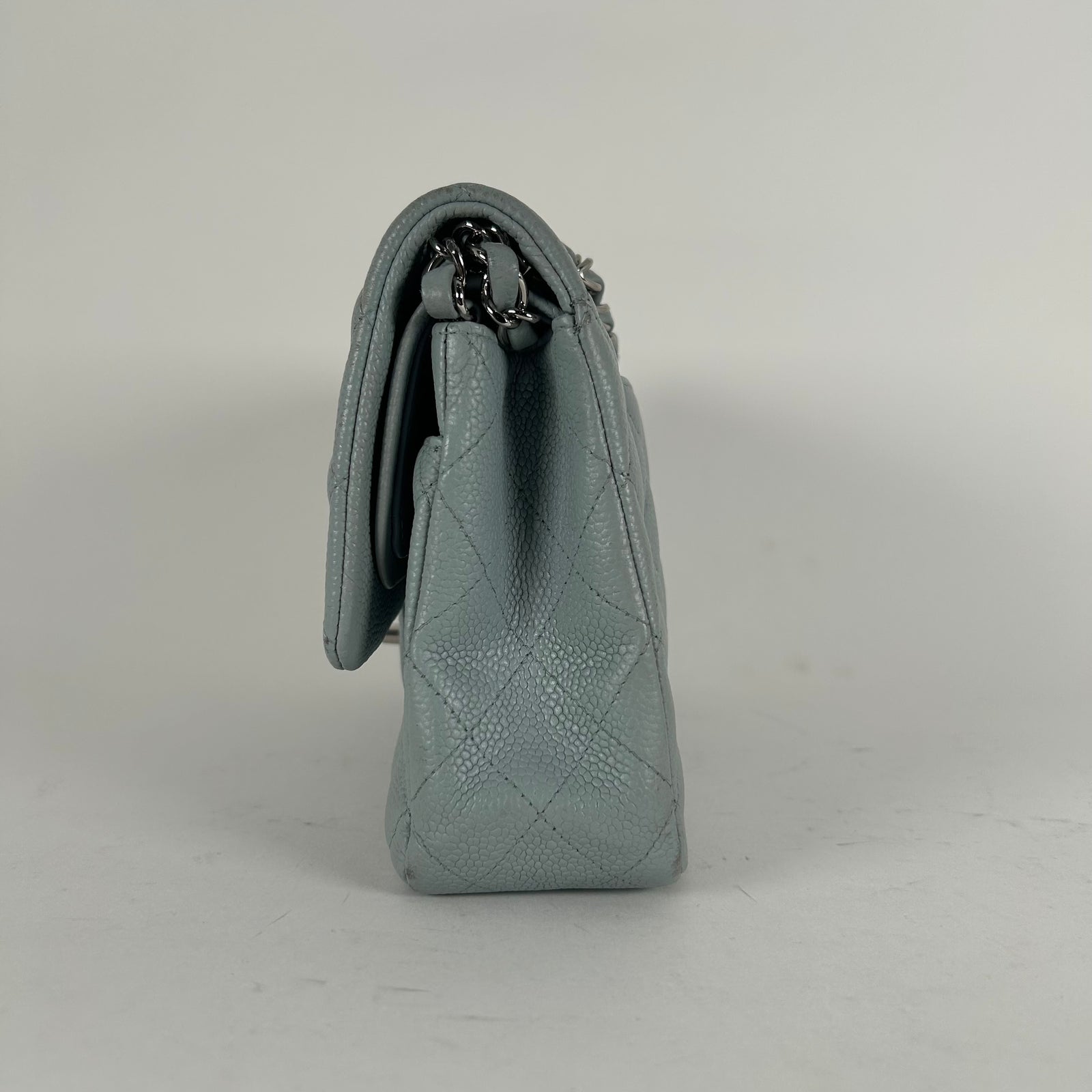 Chanel Light Baby Blue Quilted Caviar Medium Double Flap