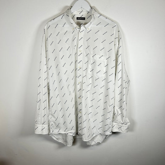 Balenciaga White All-Over Logo Button-Up Shirt Size L