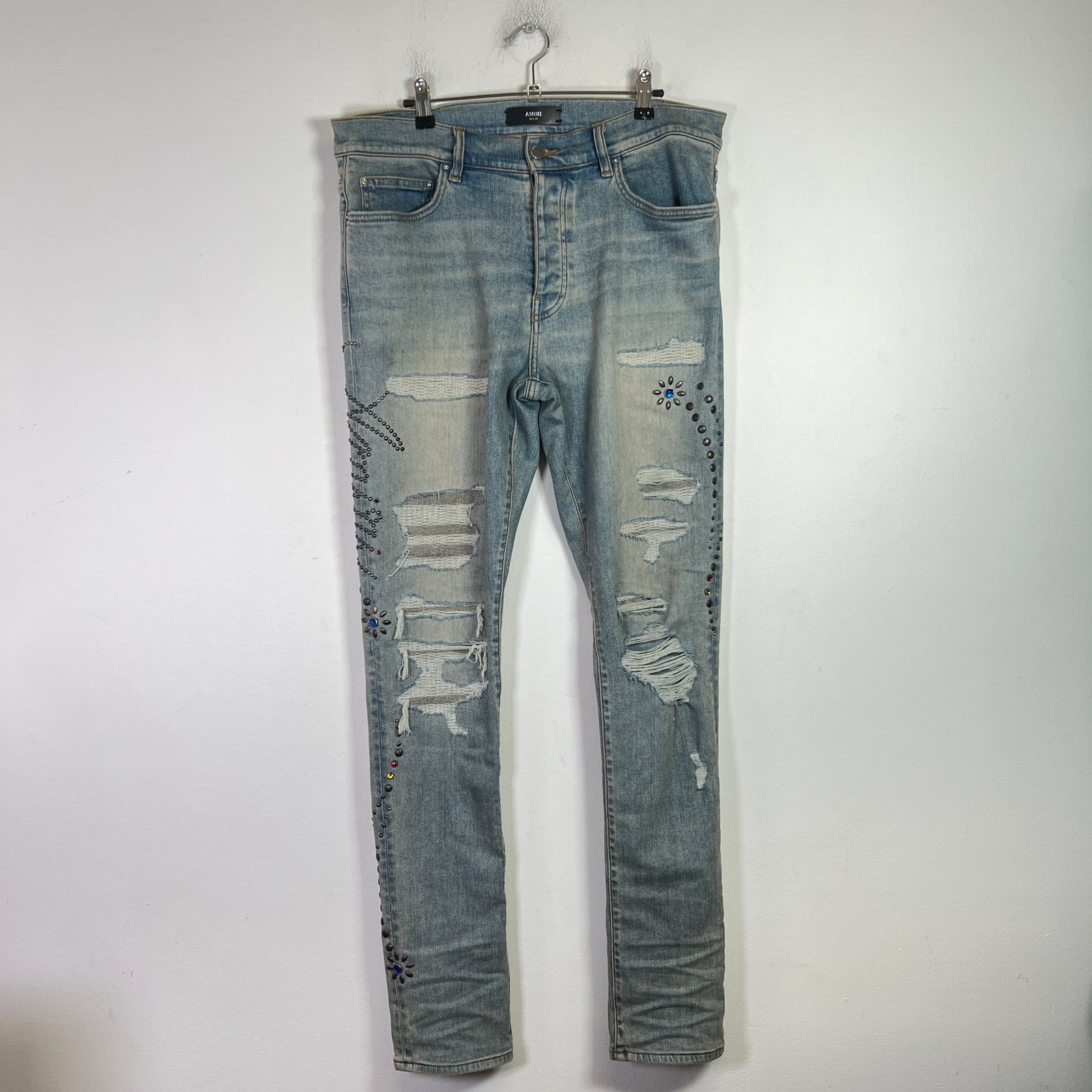 Amiri Light Indigo Floral Studded Denim Jeans