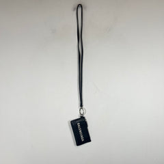 Balenciaga Black Leather Card Holder Lanyard