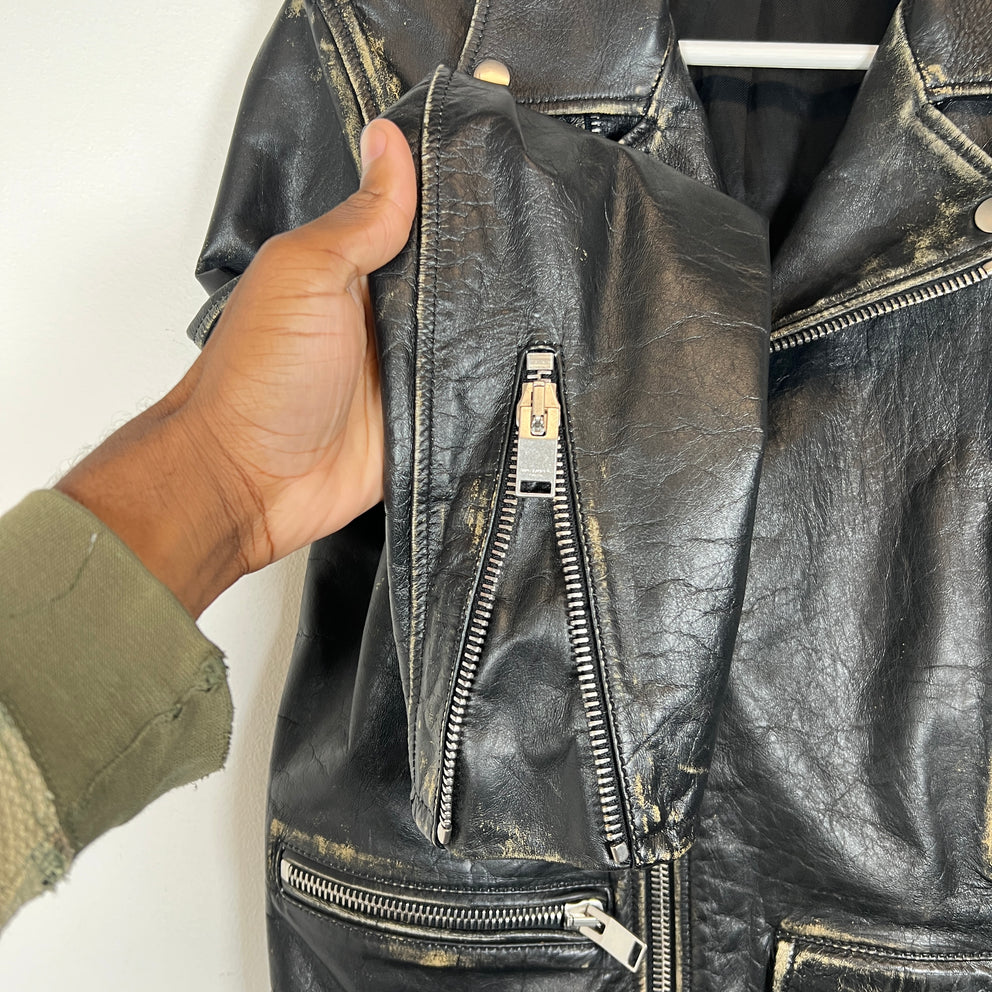 Saint Laurent Paris FW16 Distressed L01 Leather Biker Jacket Size 44