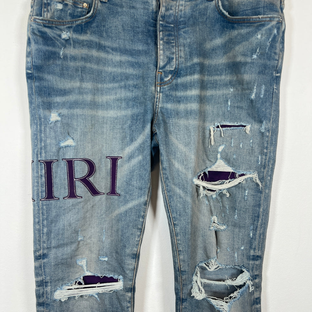 Amiri Lightwash Purple Serif Thigh Logo Jeans Size 38