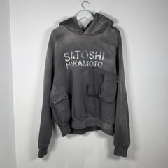 Satoshi Nakamoto Multi Cargo Pocket Faded Distressed Graphic Hoodie Size L