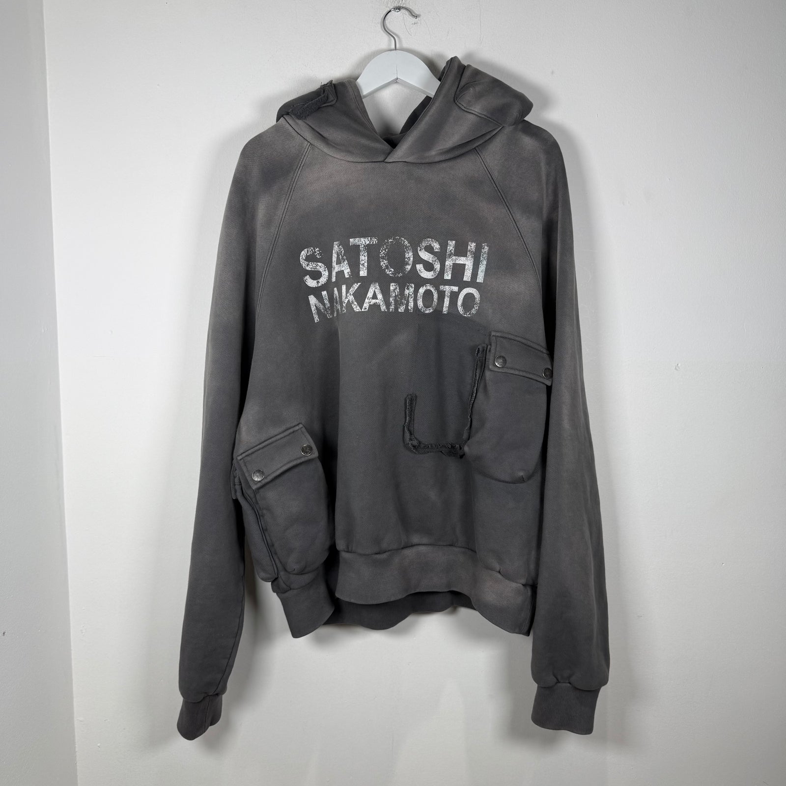 Satoshi Nakamoto Multi Cargo Pocket Faded Distressed Graphic Hoodie Size L