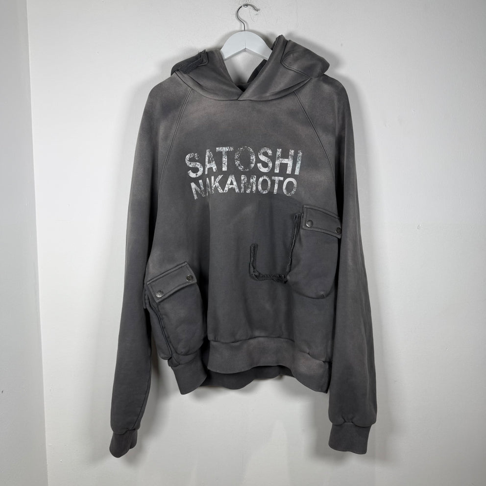Satoshi Nakamoto Multi Cargo Pocket Faded Distressed Graphic Hoodie Size L