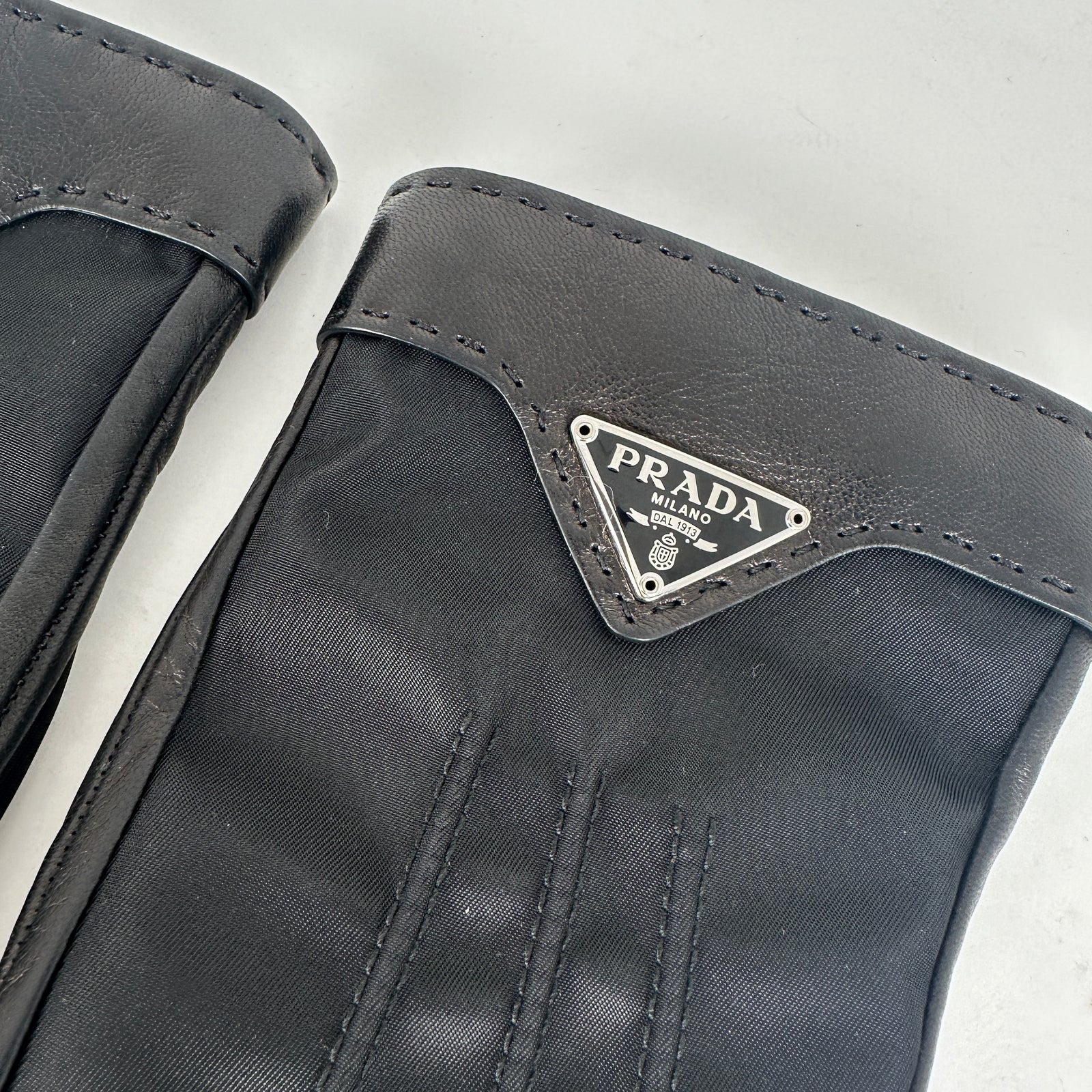 Prada Re-Nylon Leather Plaque Gloves Size 7.5