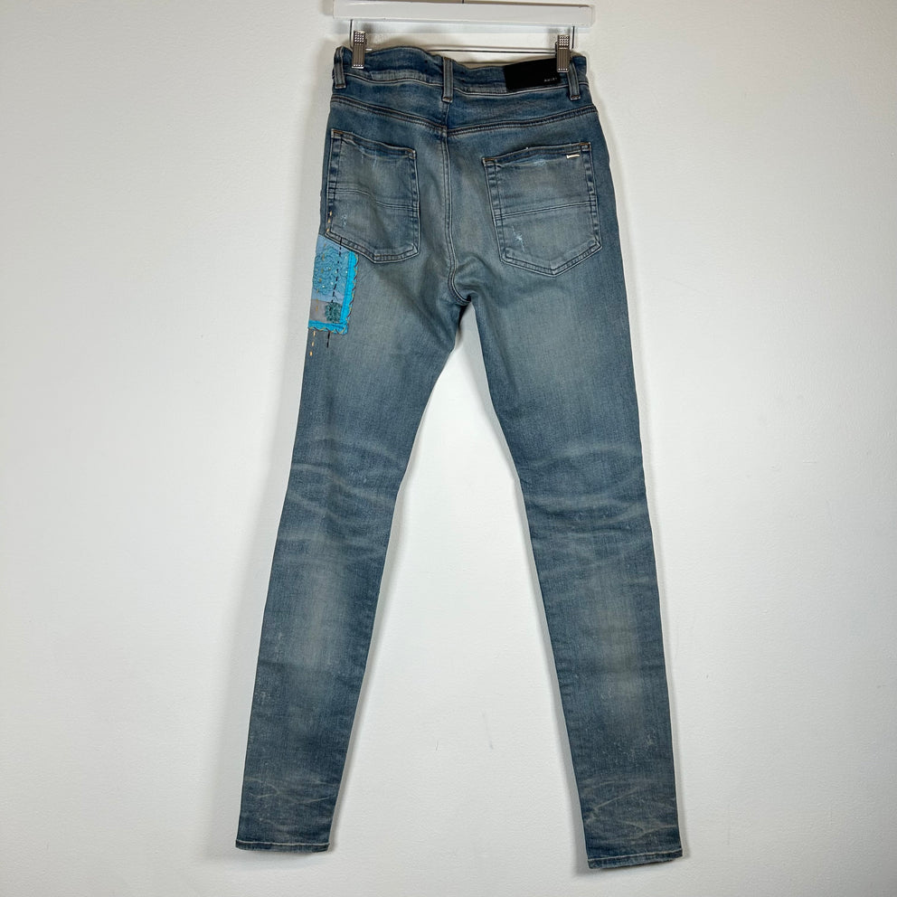 Amiri Lightwash Quilt Art Patch Jeans Size 31