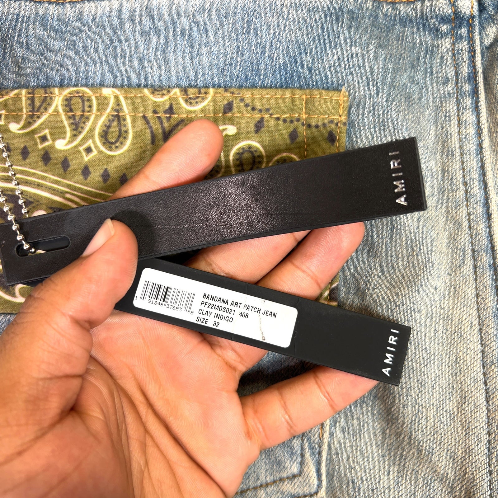 Amiri Clay Indigo Bandana Art Patch Denim Jeans