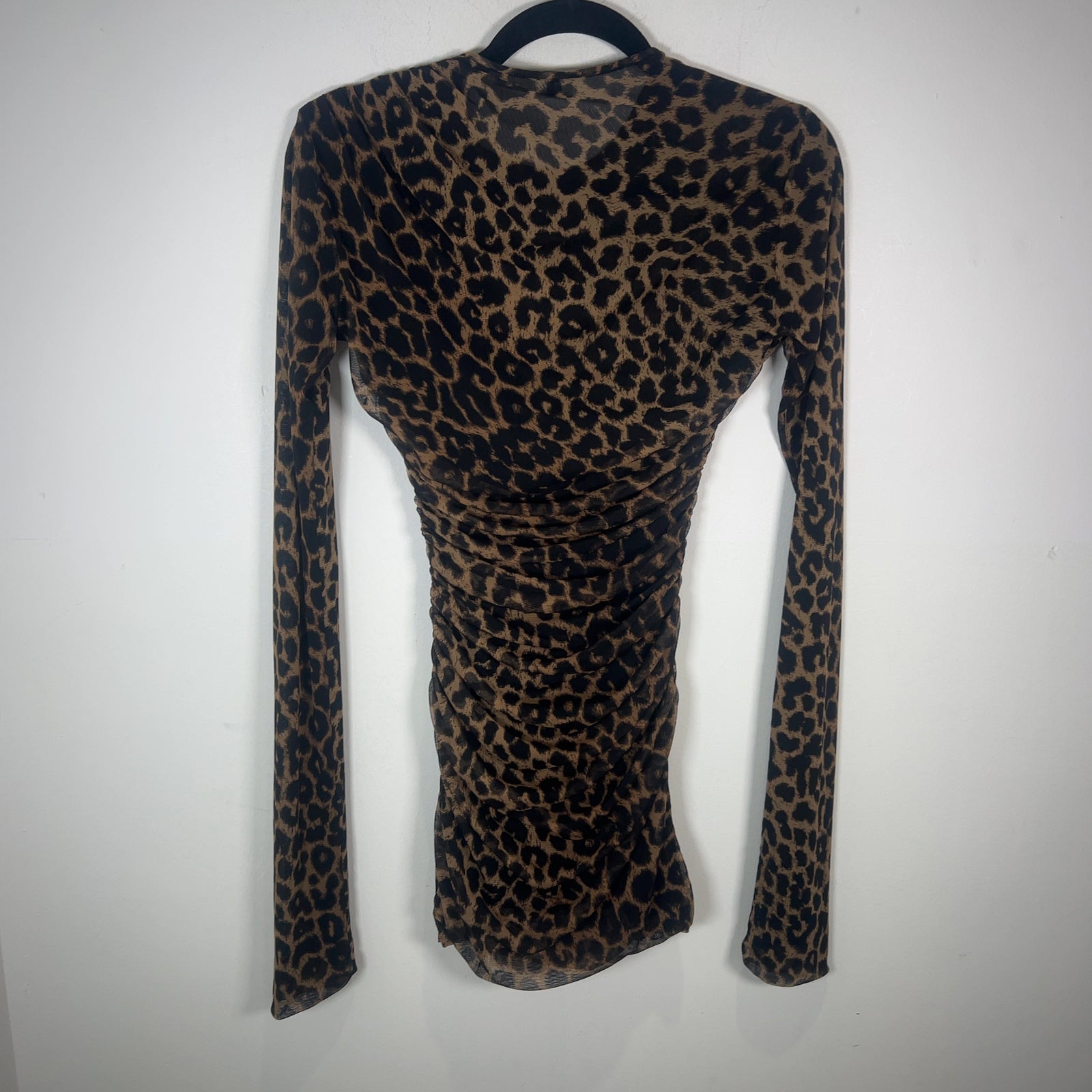 Saint Laurent Leopard Printed Ruched Mesh Mini Dress
