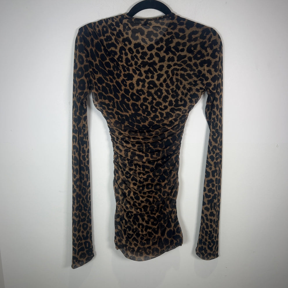 Saint Laurent Leopard Printed Ruched Mesh Mini Dress