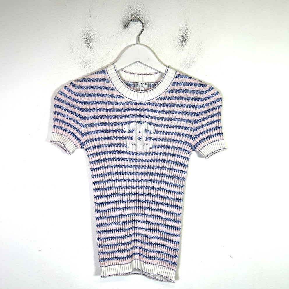 Chanel 2020 Striped Ribbed Knit Interlocking CC Top