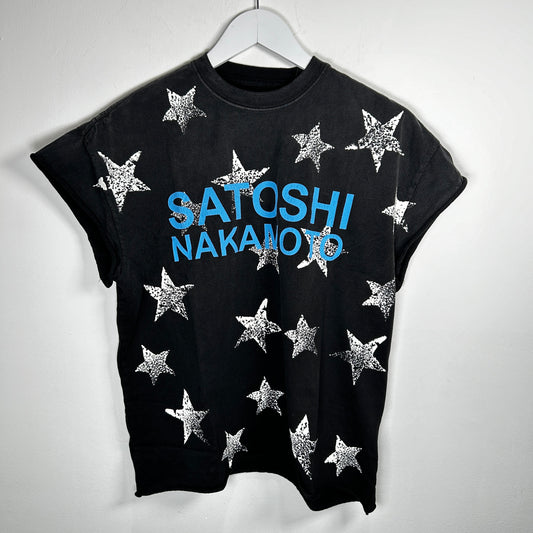 Satoshi Nakamoto Black Distressed Stars Logo T-Shirt Size M