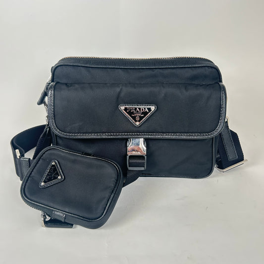 Prada Black Re-Nylon Saffiano Trim Crossbody Bag