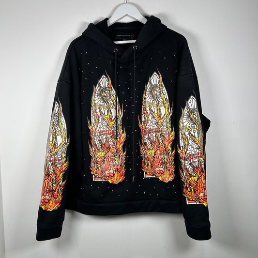 Who Decides War Flame Stained Glass Rhinestone Black Hoodie Size L