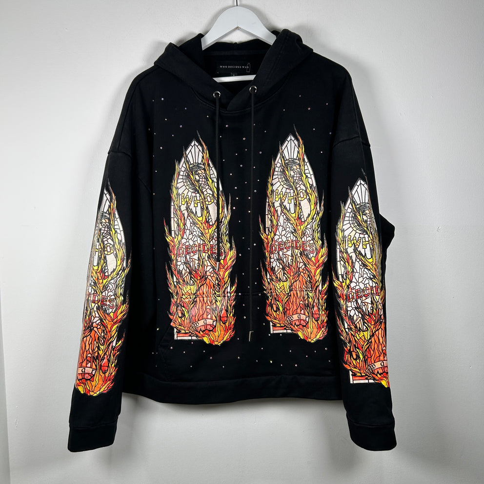 Who Decides War Flame Stained Glass Rhinestone Black Hoodie Size L