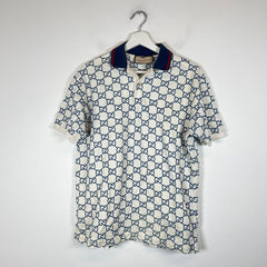 Gucci White/Blue Embroidered GG Polo Size L