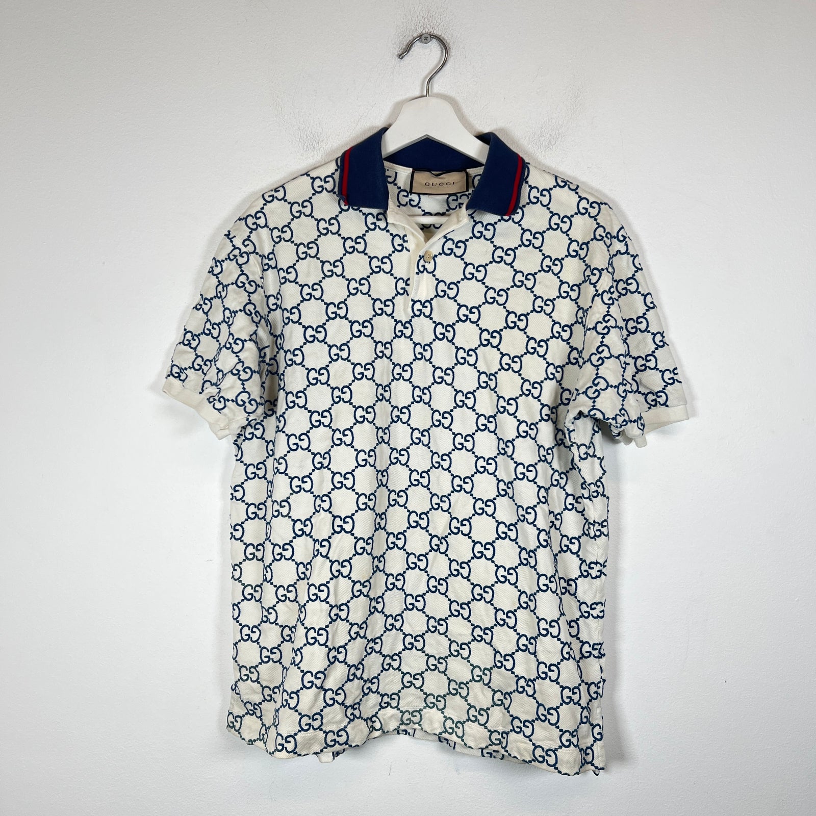 Gucci White/Blue Embroidered GG Polo Size L