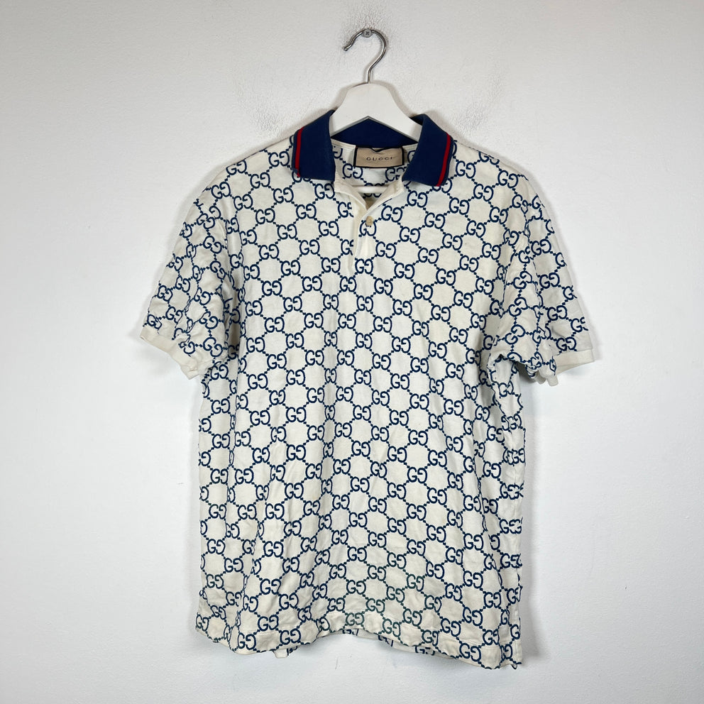 Gucci White/Blue Embroidered GG Polo Size L