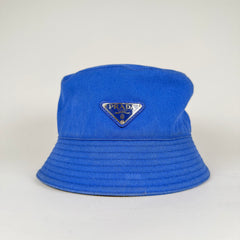 Prada Blue Canvas Plaque Bucket Hat Size XL