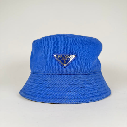 Prada Blue Canvas Plaque Bucket Hat Size XL