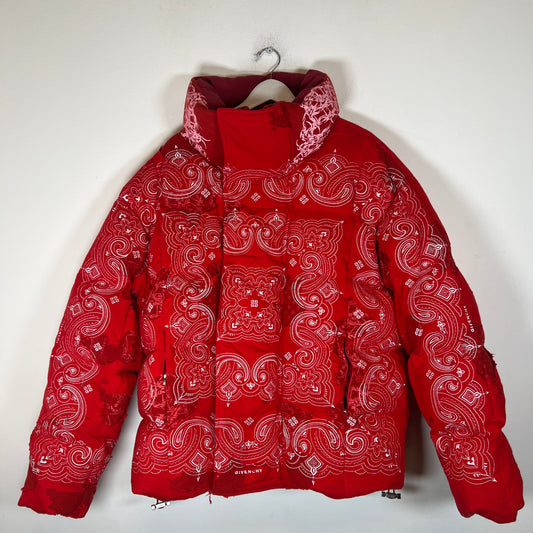 Givenchy Red Paisley Distressed Puffer Jacket Size 50