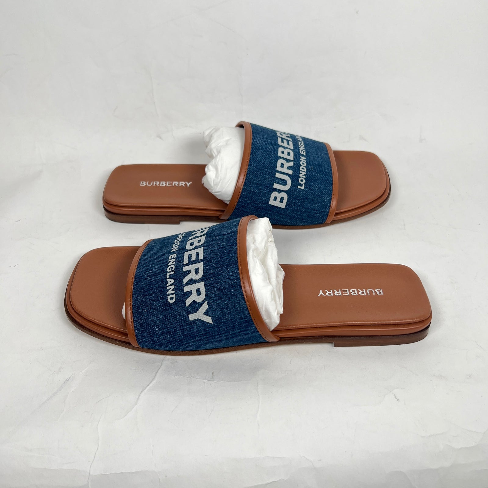 Burberry Blue Denim Carolyn Logo Leather Flats Size 38.5
