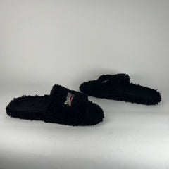 Balenciaga Black Campaign Logo Fur Slides Size 11