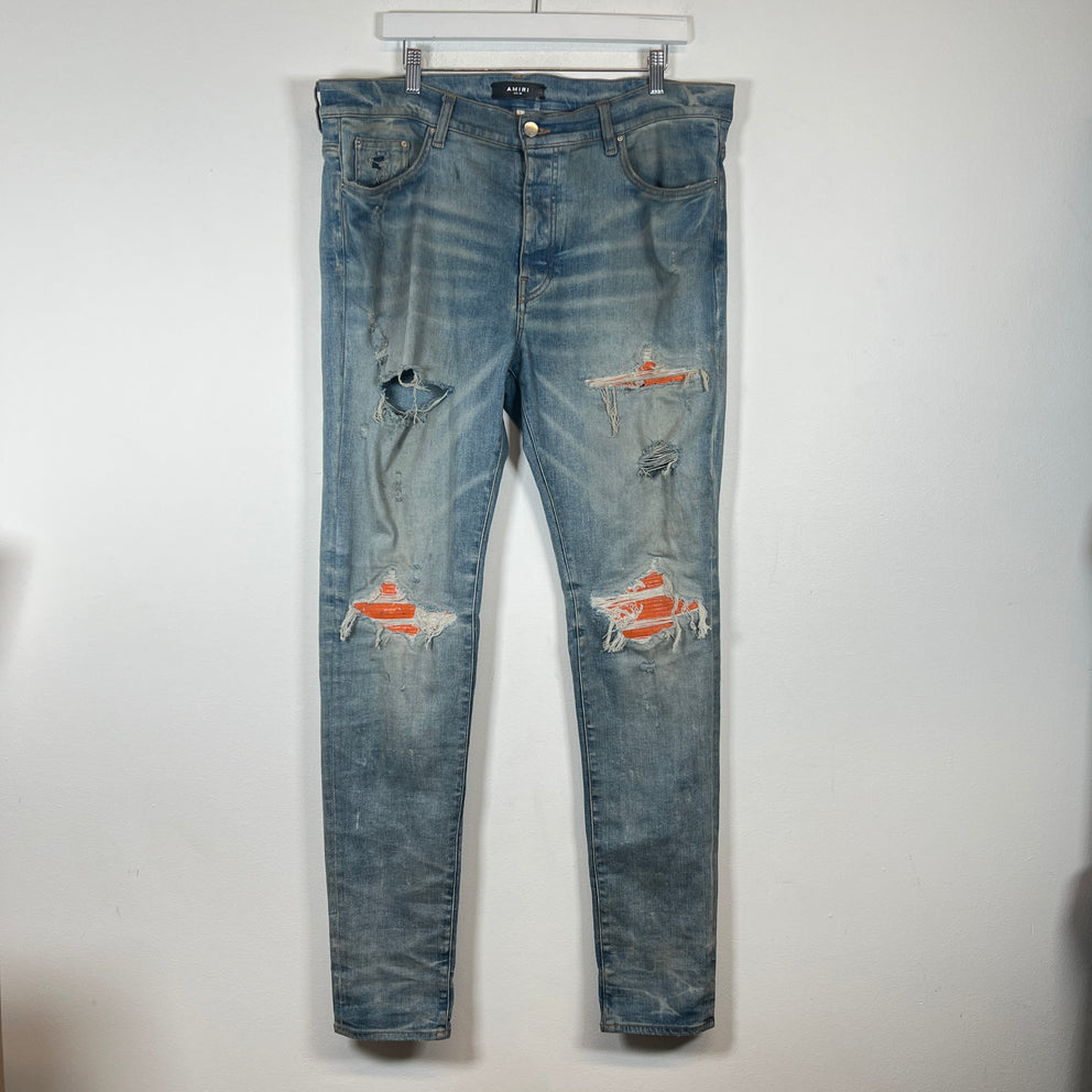 Amiri Lightwash MX1 Cracked Orange Patch Jeans Size 38