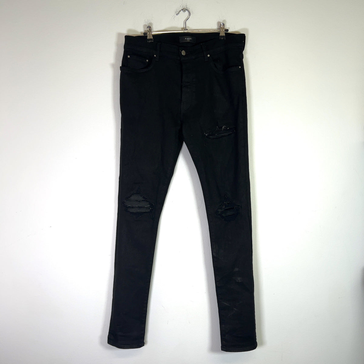 Amiri MX1 Black Leather Patch Jeans