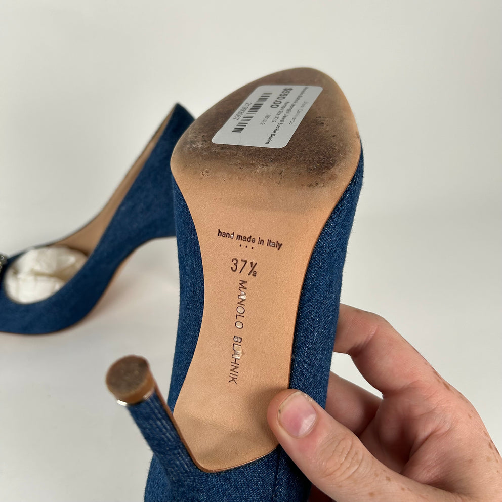 Manolo Blahnik Hangisi Jewel Buckle Denim Pumps Size 37.5