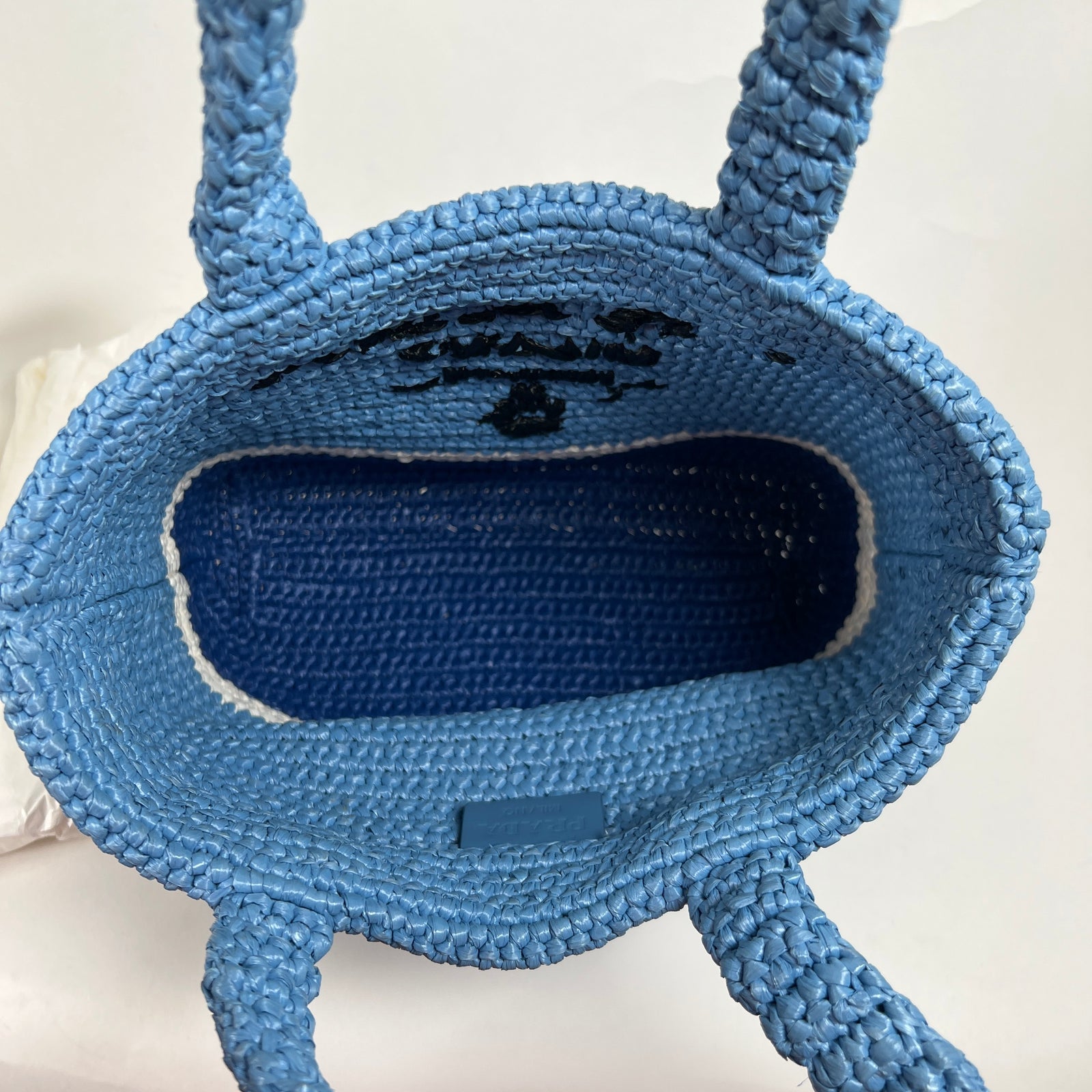 Prada Small Raffia Tweed Blue Tote Bag