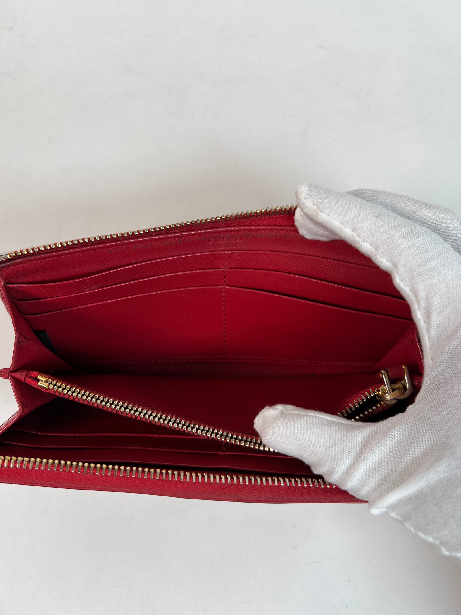 Prada Red Leather Saffiano Zip Around Wallet