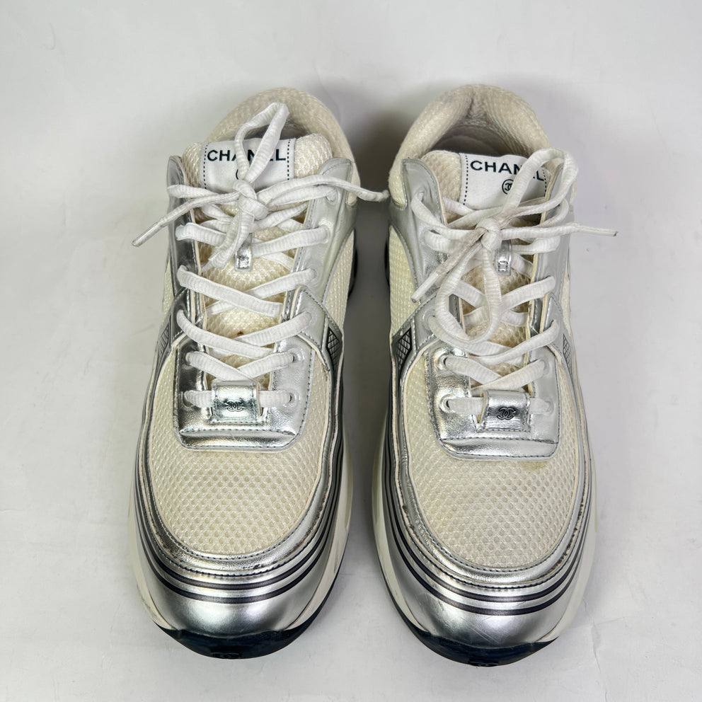 Chanel Metallic Silver Interlocking CC Runner Size 44