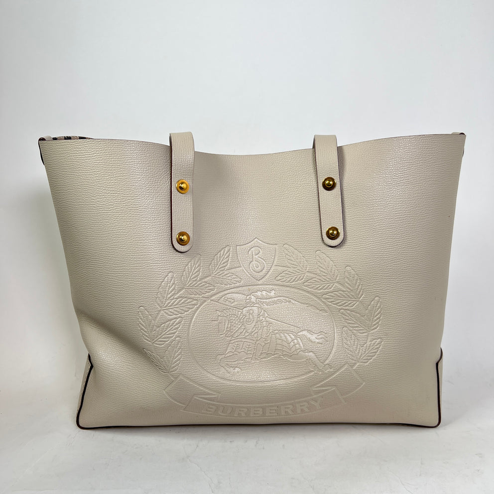 Burberry Tan Calfskin Crest Embossed Small Tote Bag