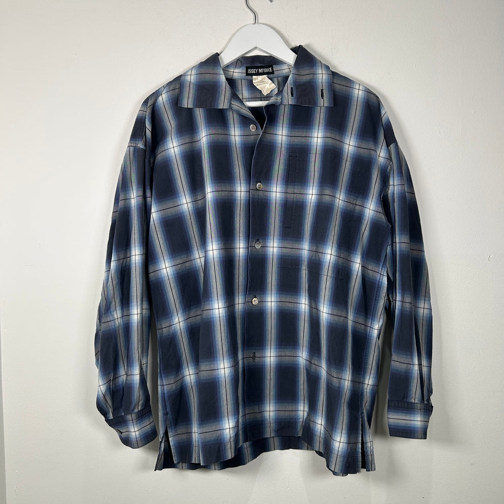 Issey Miyake Blue Plaid Button Up Shirt Size L