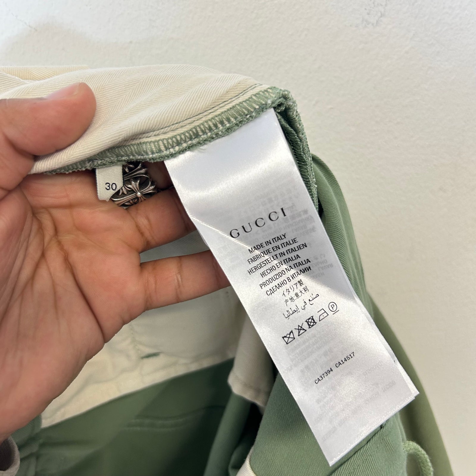 Gucci Olive Green Lyre Embroidery Cotton Trousers Size 30