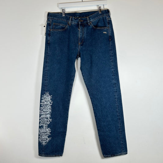 Off-White Blue Gothic Embroidered Slim Fit Jeans Size 36