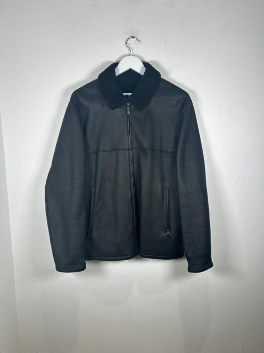 Burberry Black Sherling Leather Zip Up Jacket Size M