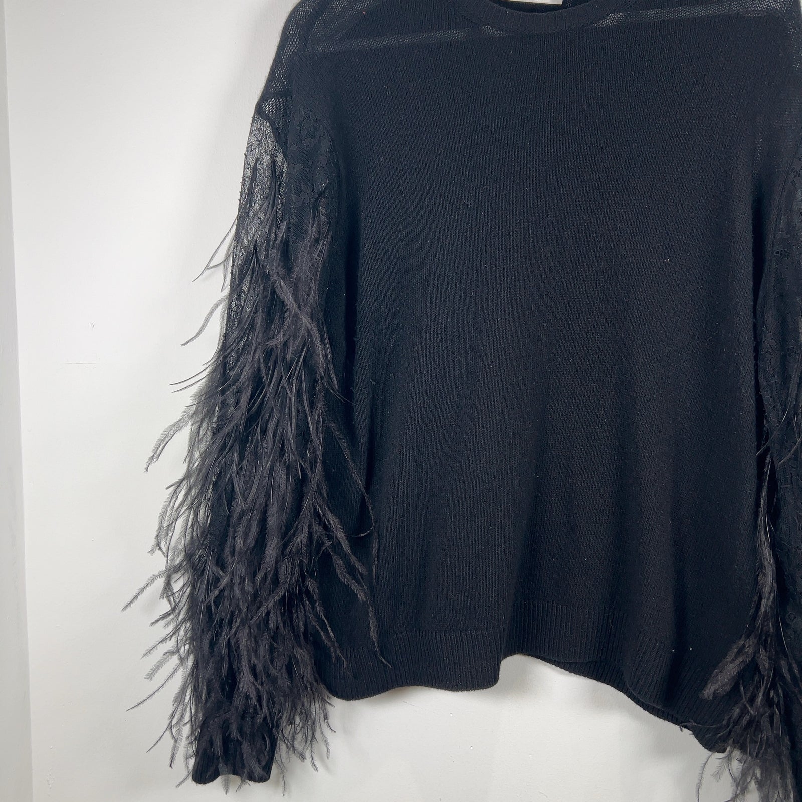 Valentino Black Cashmere Knit Feather Sleeved Crewneck Size L