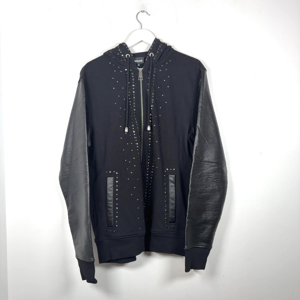 Robert Cavalli Studded Leather Sleeve Zip-Up Hoodie