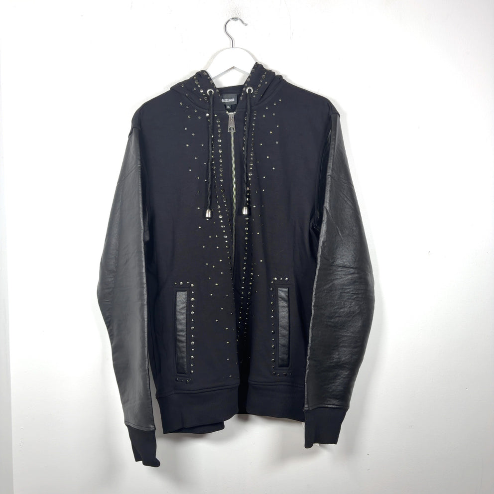 Robert Cavalli Studded Leather Sleeve Zip-Up Hoodie