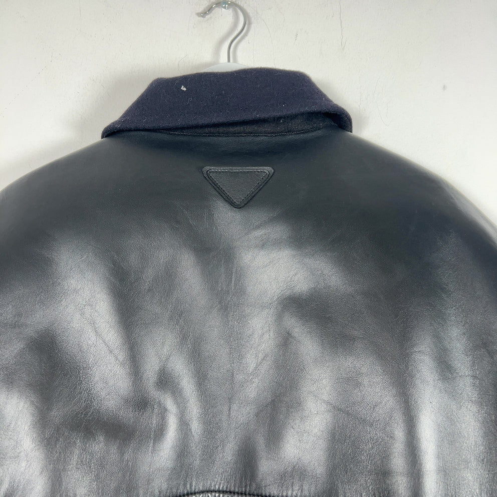 Prada Paneled Wool Down Lined Cropped Bomber Jacket