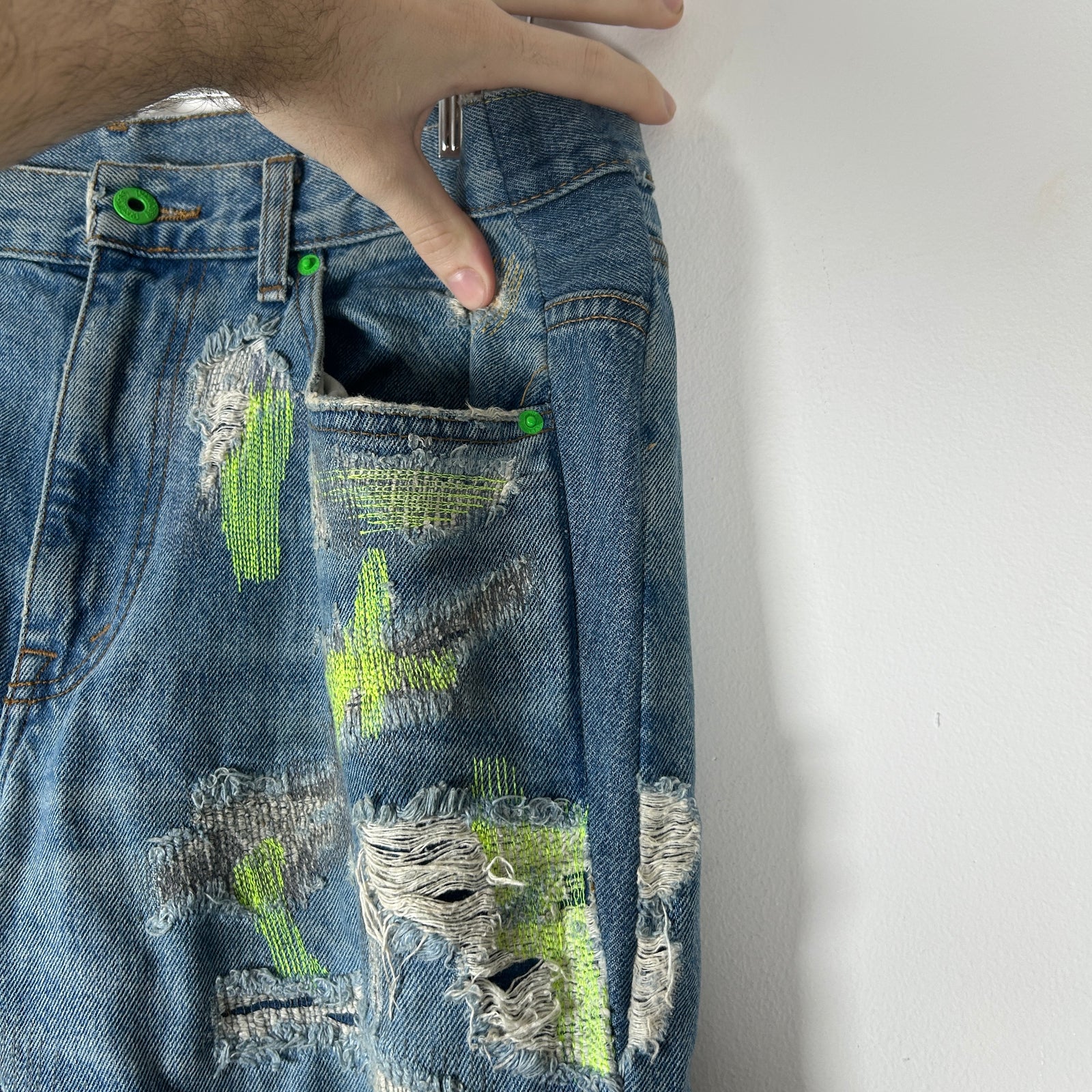 Endless Neon Green Embroidered Blue Denim Jeans Size 36