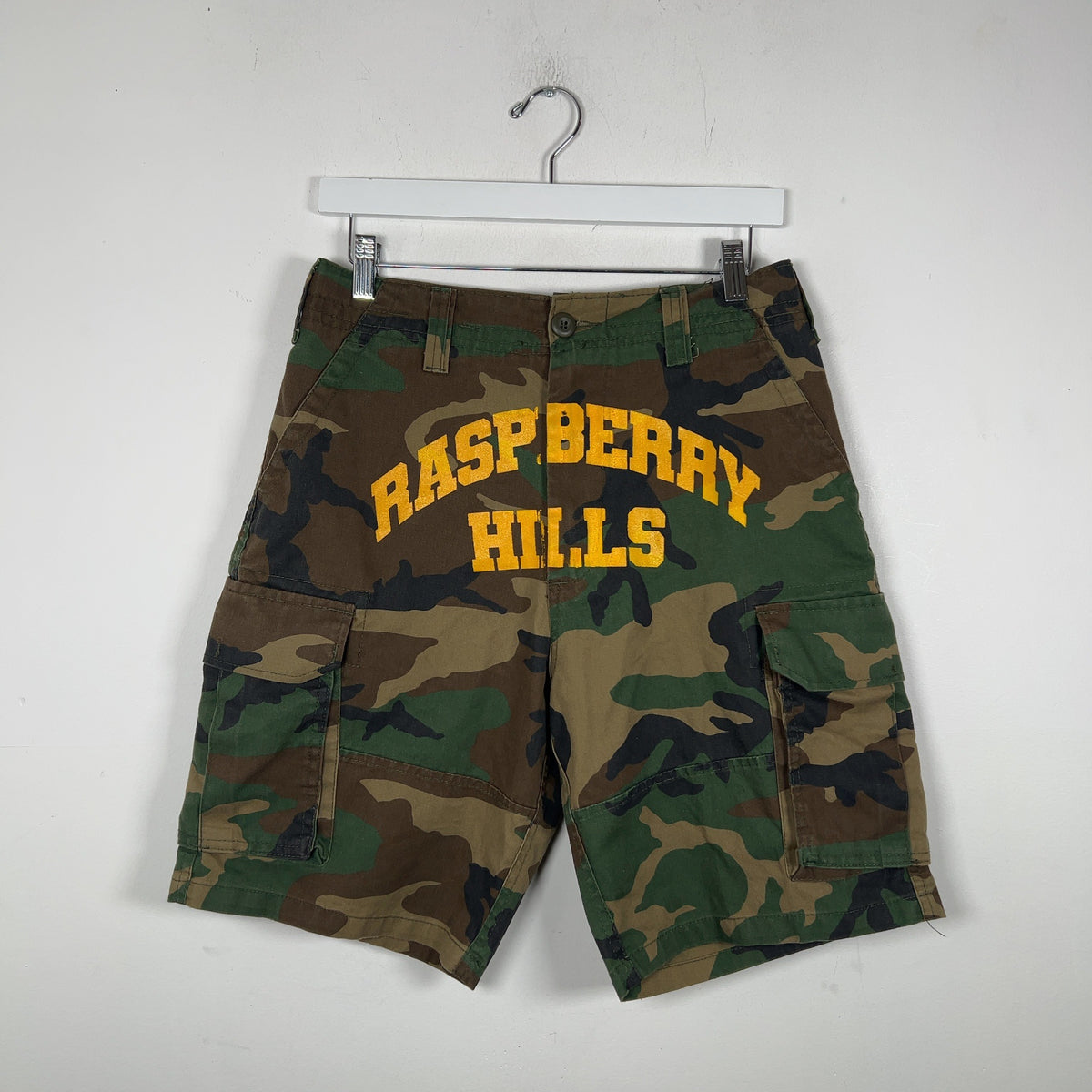 Raspberry Hills Spell Out Logo Camo Shorts