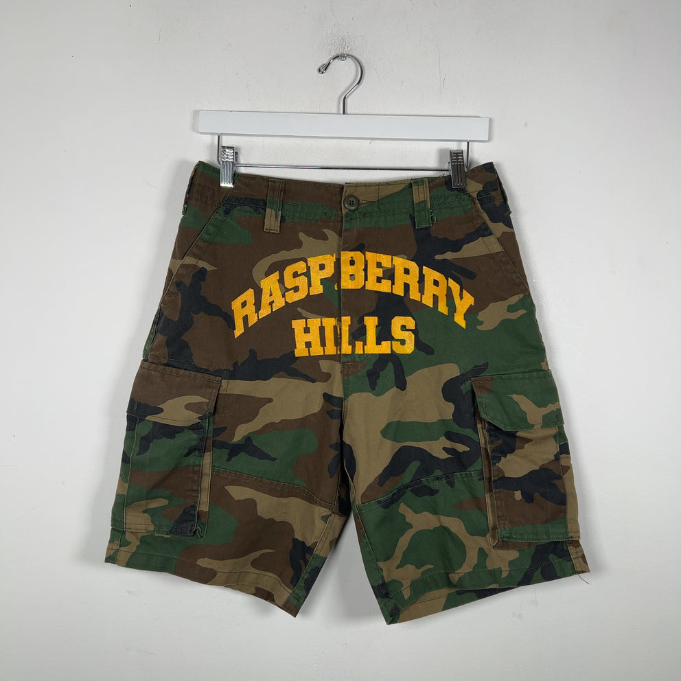 Raspberry Hills Spell Out Logo Camo Shorts